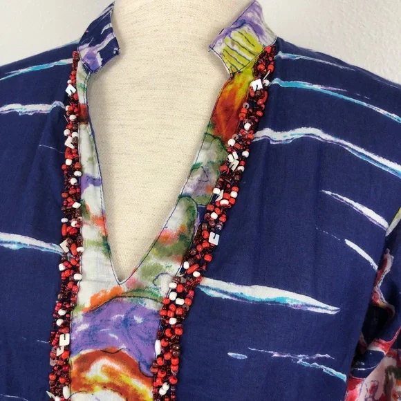 Antica Sartoria Blue Multicolor Beaded V-Neck Cotton Kaftan Maxi Dress S/M - Picture 2 of 11